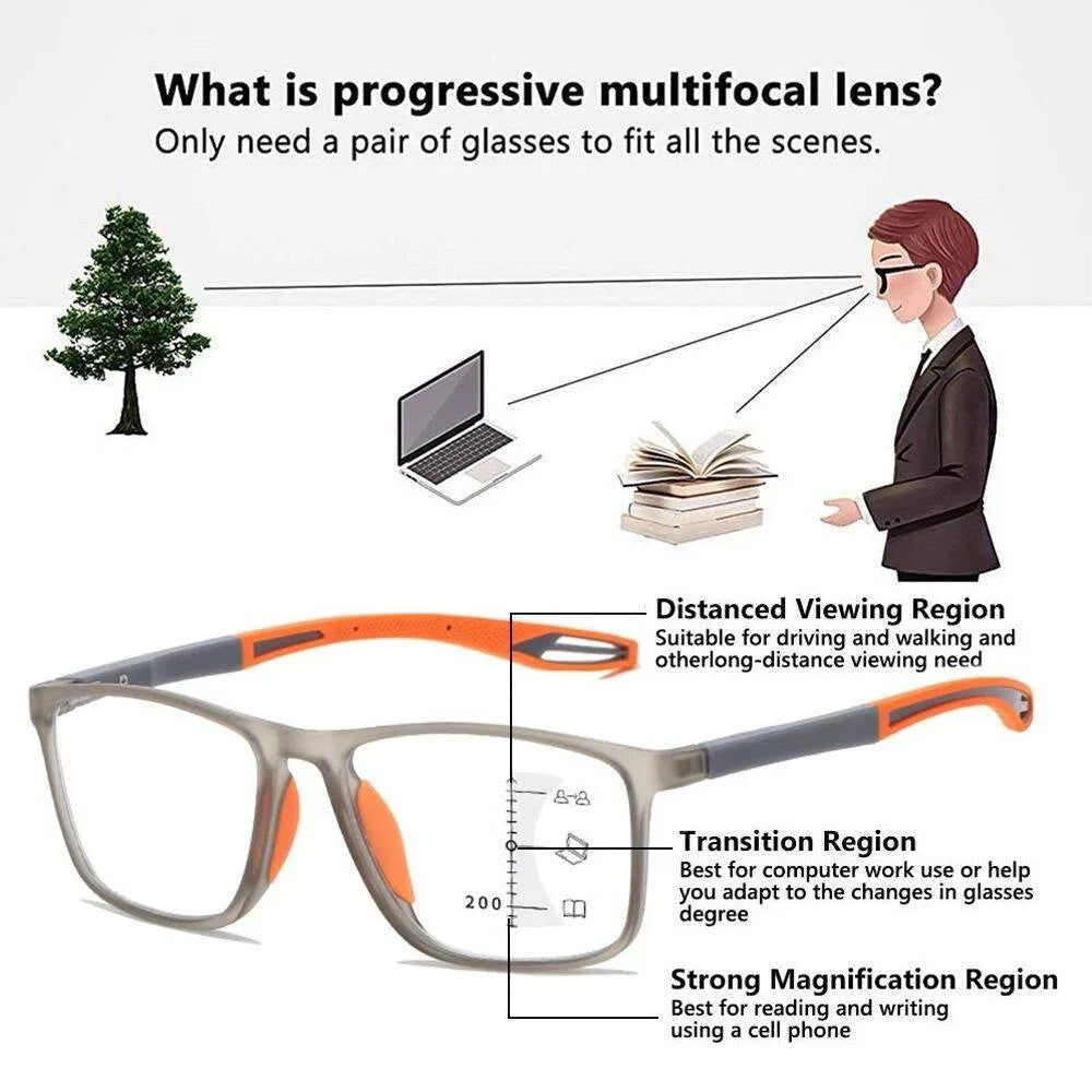 3in1 Photochromic Multifocal Reading Glasses Progressive Look Far And Near Eyeglasses Men Sport TR90 Frame Anti Blue Light Grade