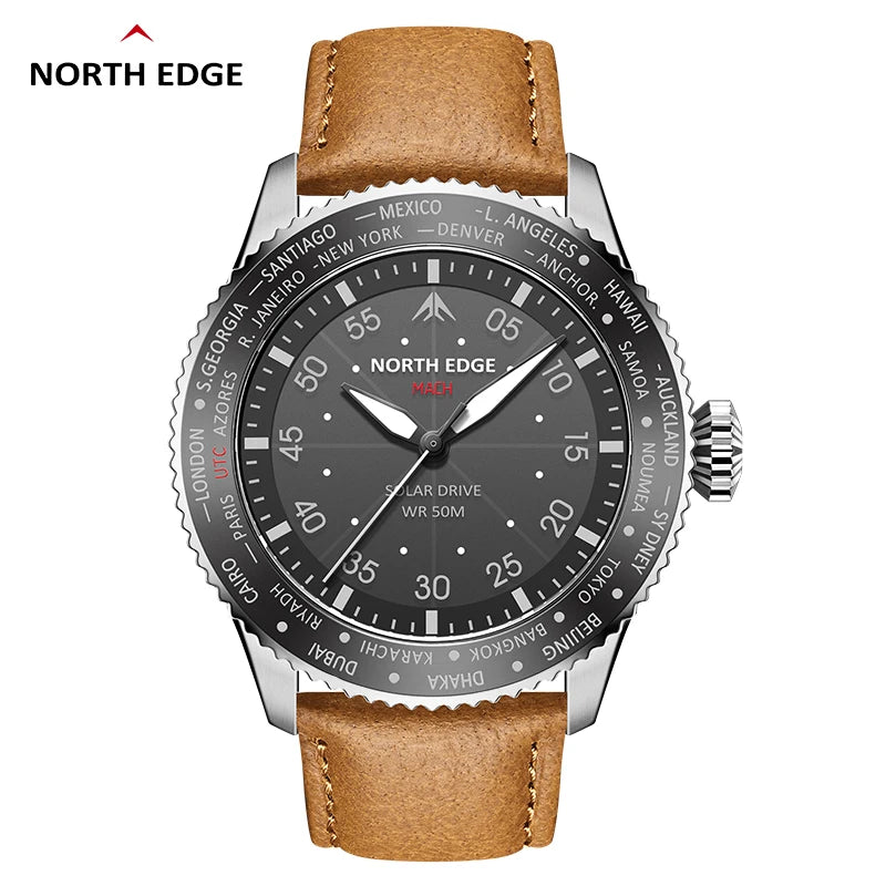 NORTH EDGE MACH Solar Power Quartz Mens Pilot Watch Luminous Waterproof Watches