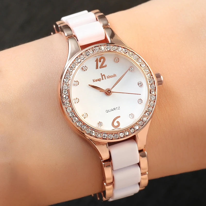 Round Dial Diamond Ladies Watch Waterproof Fashion Women's Watches Alloy Ceramic Quartz Women Wristwatches