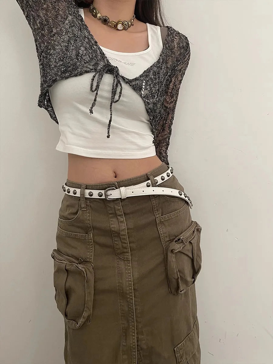 Women's American Vintage Belt 2025 New Casual Rivet Thin Leather Belt Punk Style Metal Rock Unique Versatile