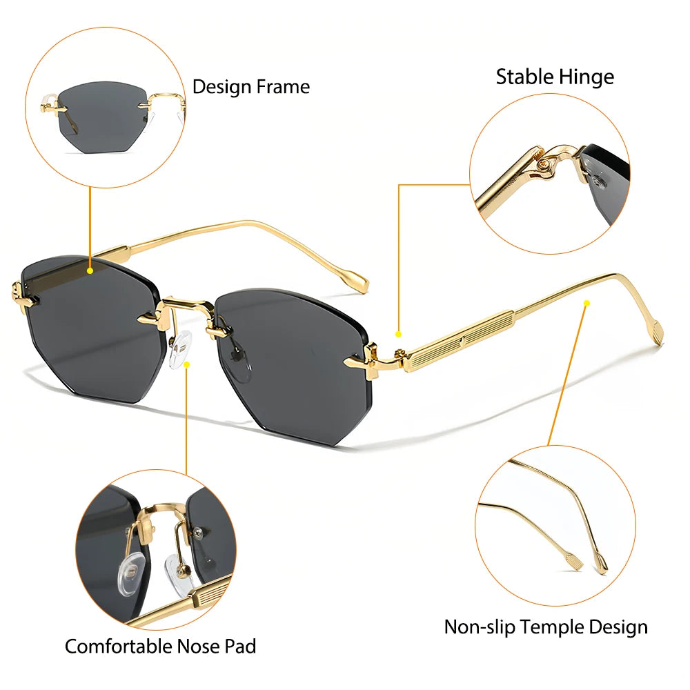 CATERSIDE Vintage Men's Frameless Sunglasses Retro Polygon Rimless Y2K Sun Glasses Women Travel Party Business Eyewear UV400