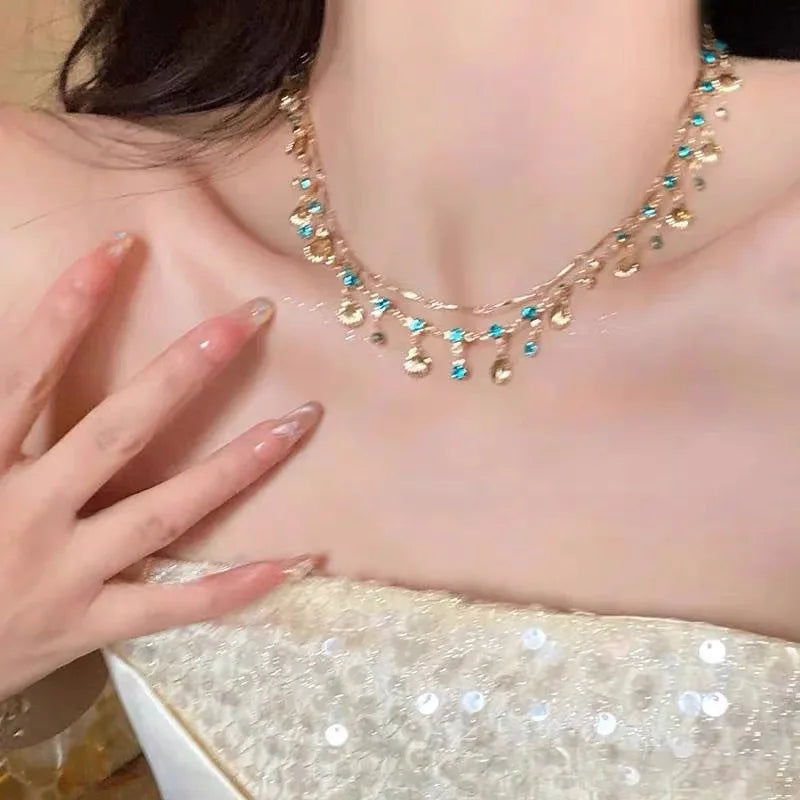 Dainty Gold Plated Scallop Shell Necklace Minimalist Layered Chain Blue Crystal Clavicle Necklace Trendy 2026 Summer Jewelry: