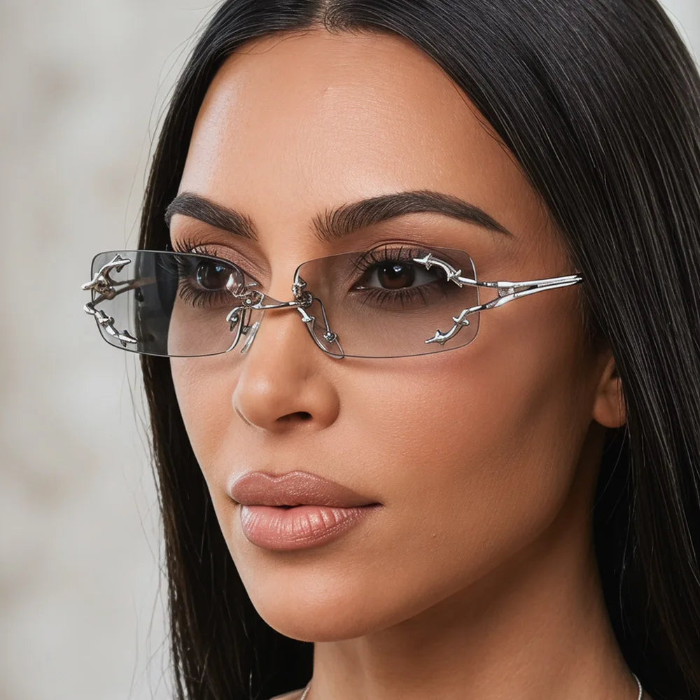 JNPCXI New Y2K Rimless Square Star Sunglasses for Women Fashion Vintage Hip Hop Driving UV400 Eyewear Frame Outdoor Men Punk