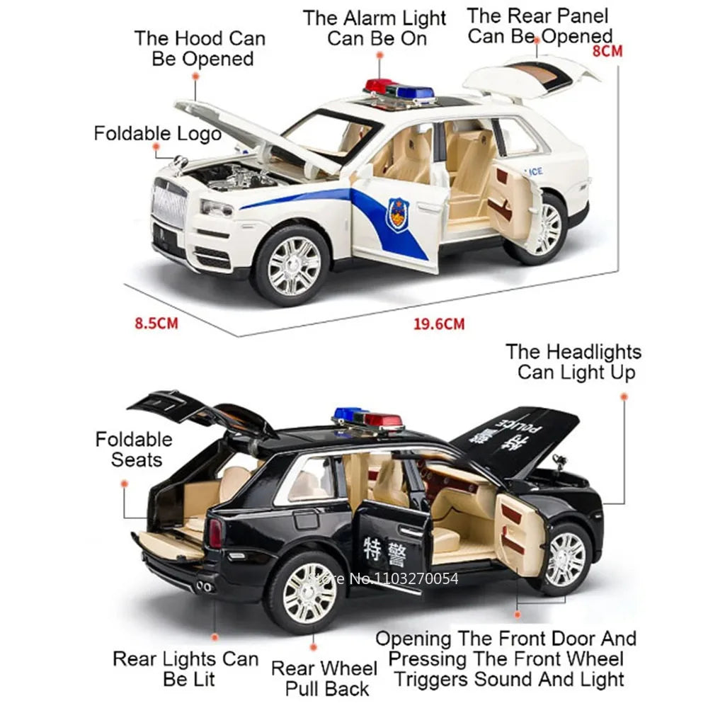 1/24 Rolls Royce Cullinan Phantom Model Car Toys Alloy Diecast Police Car Sound Light Pull Back Door Opened Rubber Tire Kid Gift