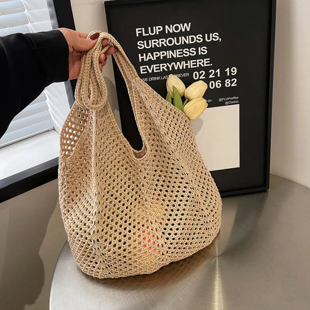 Women Knitting Shoulder Bag Large Capacity Knitting Underarm Bag Solid Crochet Tote Handbag Summer Mesh Beach Bag Hobo Bag