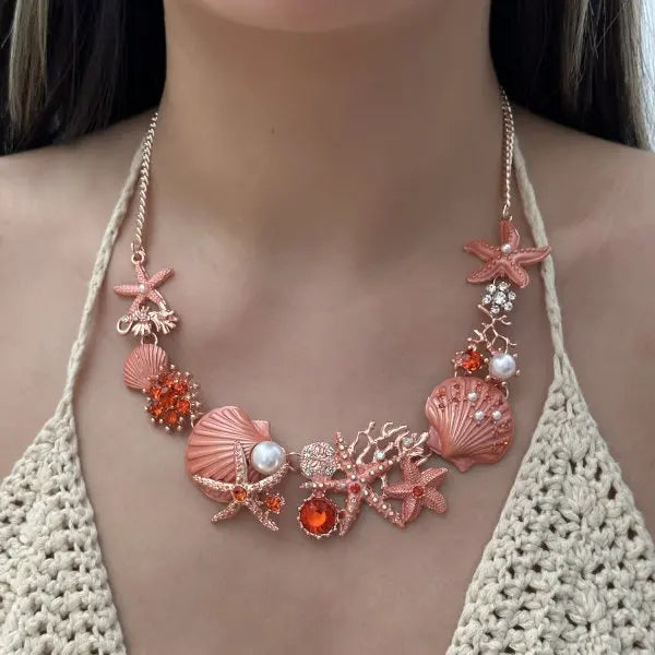 Exaggerated Metal Starfish Shell Pearl Necklace for Women Summer Ocean Coral Scallop Pendant Necklace Boho Beach Jewelry Gift