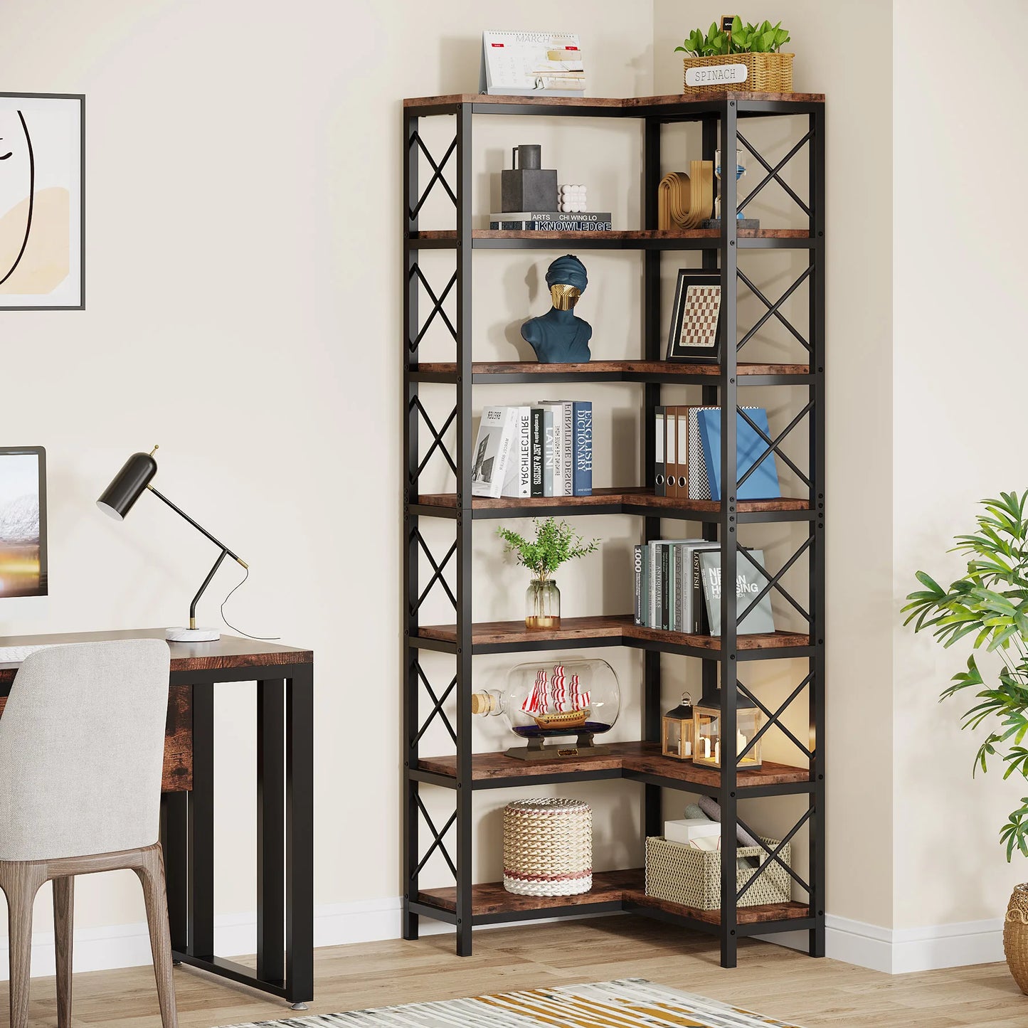Tribesigns 7-Shelf Corner Bookshelf, Modern Corner Bookcase, 7-Tier Tall Shelf