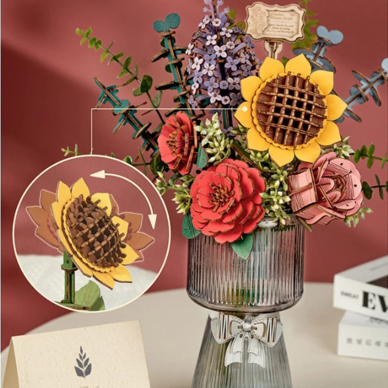 3D Wooden Three-dimensional Puzzle Wooden Puzzle Assembling Toy Handmade Ornament Decoration Girl  Educational Toys Sunflower