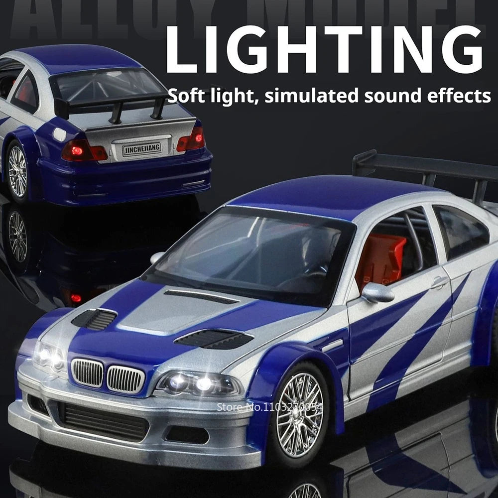 1:24 M3 GTR E46 R34 Model Diecast Alloy Sportscar Toys Sound Light Pull Back Front Wheel Steering Vehcie Children's Holiday Gift