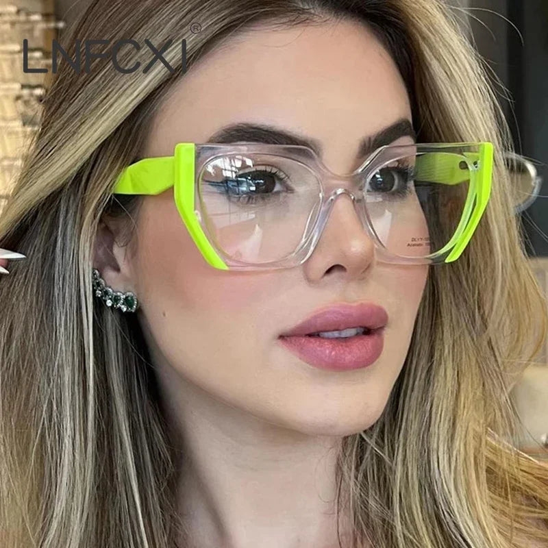 JNPCXI Retro Polygon Cat Eye Green Glasses Frame Women Fashion Double Color Clear Anti-Blue Light Eyewear Men Optical Frame