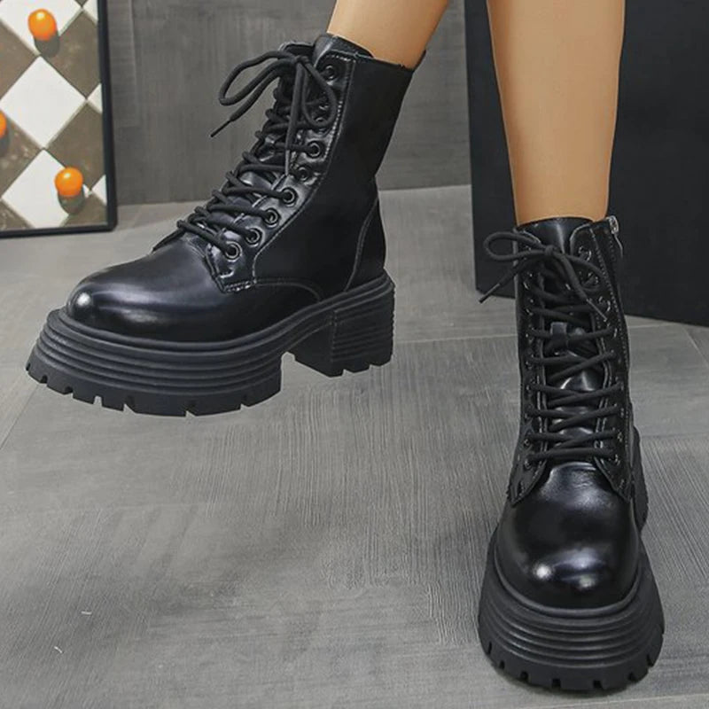 Autumn Winter Black Platform Boots Women Fashion Lace Up Zipper Ankle Boots Woman Punk Thick Heel Pu Leather Botas Mujer
