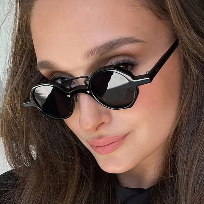 JNPCXI Retro Small Polygon Round Women Sunglasses UV400 Fashion Double Bridges Punk Men Rivets Clear Gradient Sun Glasses Shades