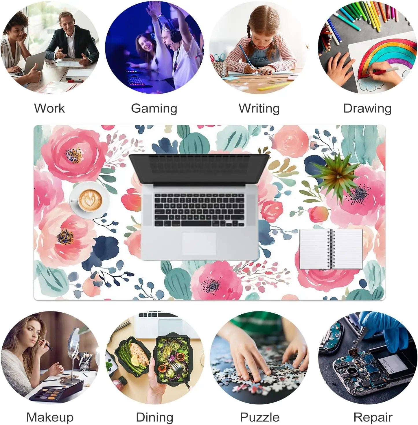 Large Mouse Pad, Pink Floral Desk Mat for Desktop, Women Girls Flowers PU Leather Desk Pad, Mouse Pads for School Office Home