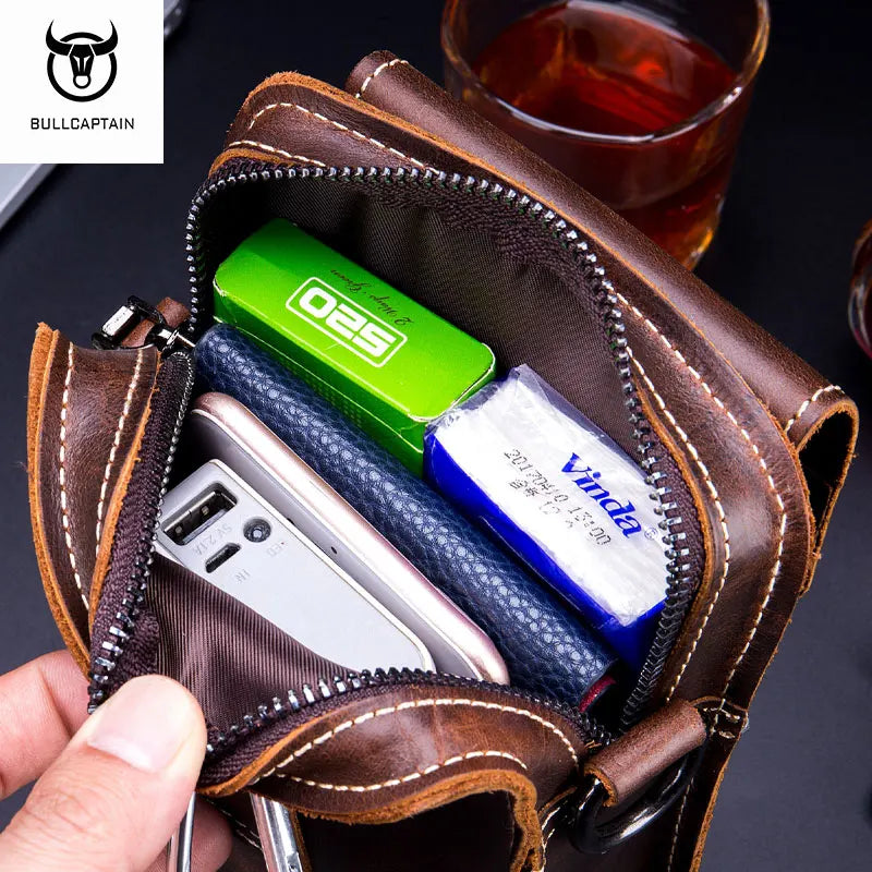 BULLCAPTAIN Crazy Horse Leather Male Waist Pack Phone Pouch Bags Waist Bag Men's Small Chest Shoulder Belt Bag Back Pack YB075