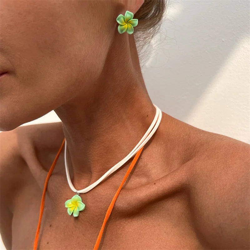 Trendy Boho Summer Starfish Flower Pendant Necklace Earrings for Women Fashion Leather Rope Chain Choker Beach Party Jewelry Set