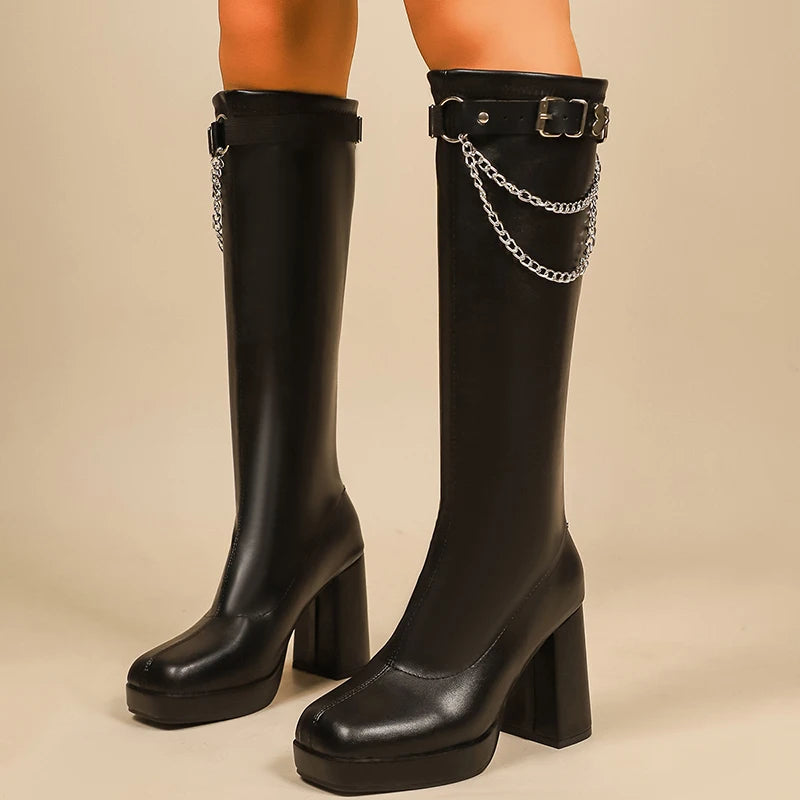 Metal Chain Chunky High Heels Knee The Boots Women Punk Belt Buckle Platform Long Boots Woman Goth Thick Heeled Pu Leather Botas