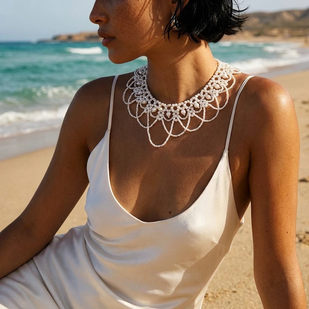 Elegant Faux Pearl Beaded Bib Necklace Boho Statement Choker Fake Collar for Women Summer Beach Bridal Dress Accessories