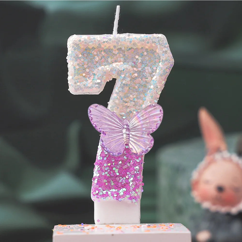 Creative 0-9 Numbers And Letters Birthday Cake Candle, DIY Party Decoration Candle With Purple Butterfly Design And Glitter