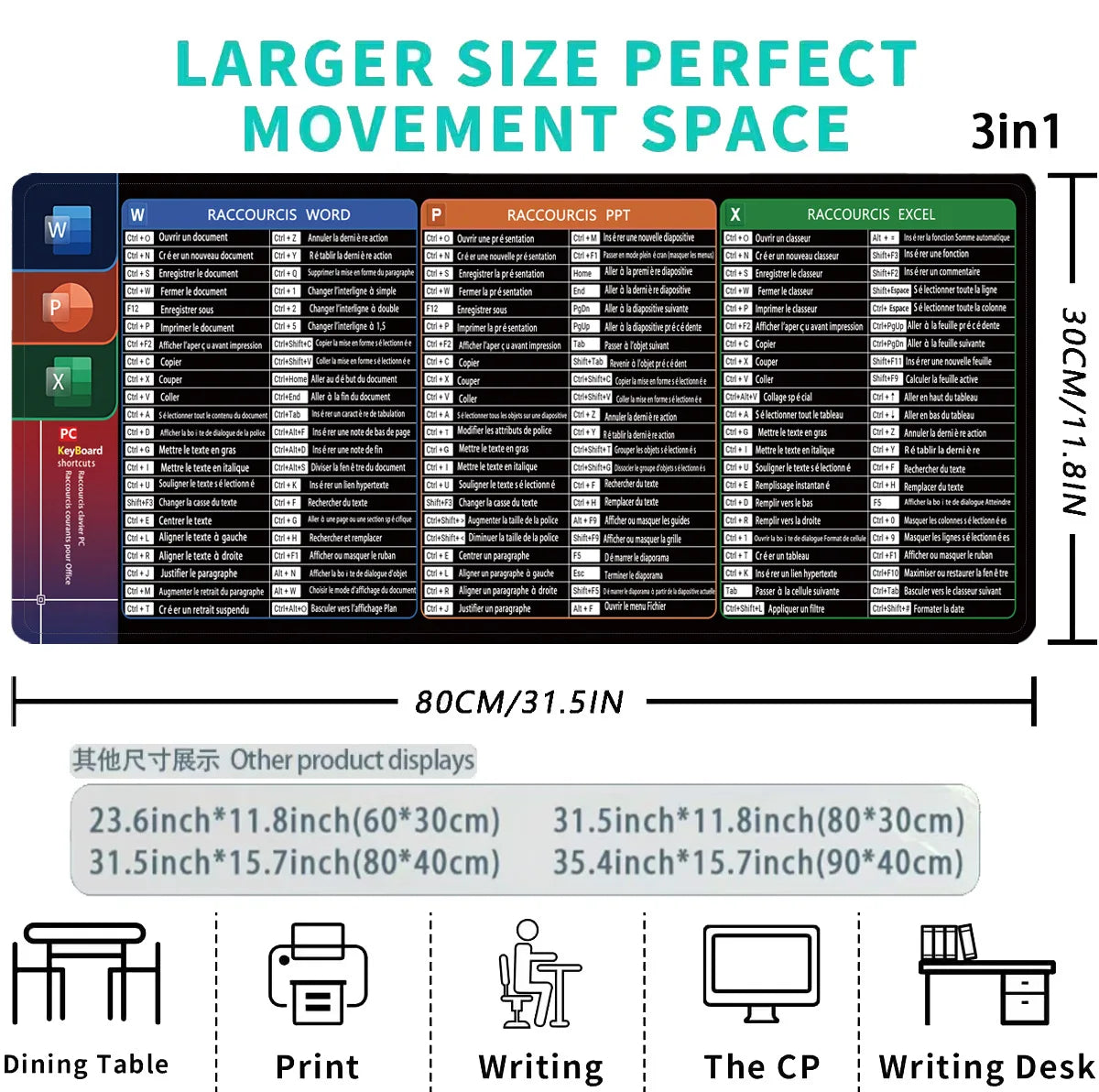French Version Excel/Word/Windows/PPT Cheat Sheet Mouse pad, Computer Keyboard Pad for Office Workers Students Office Desk Mat