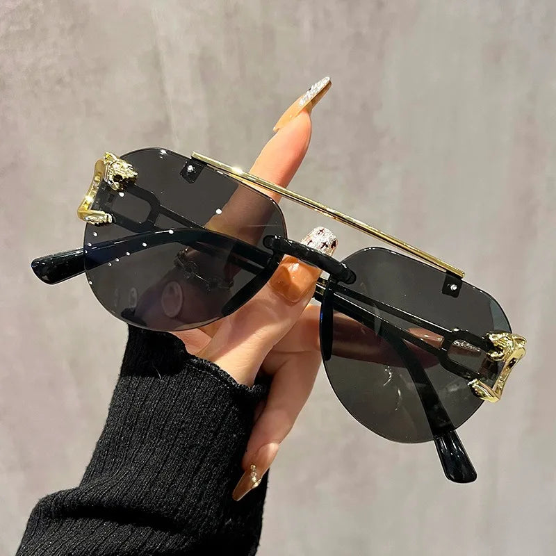 High-end, Stylish Unframed Double-beam Anti-glare Sunglasses with Lion and Tiger Mirror Frames for A Bold, High-impact Look