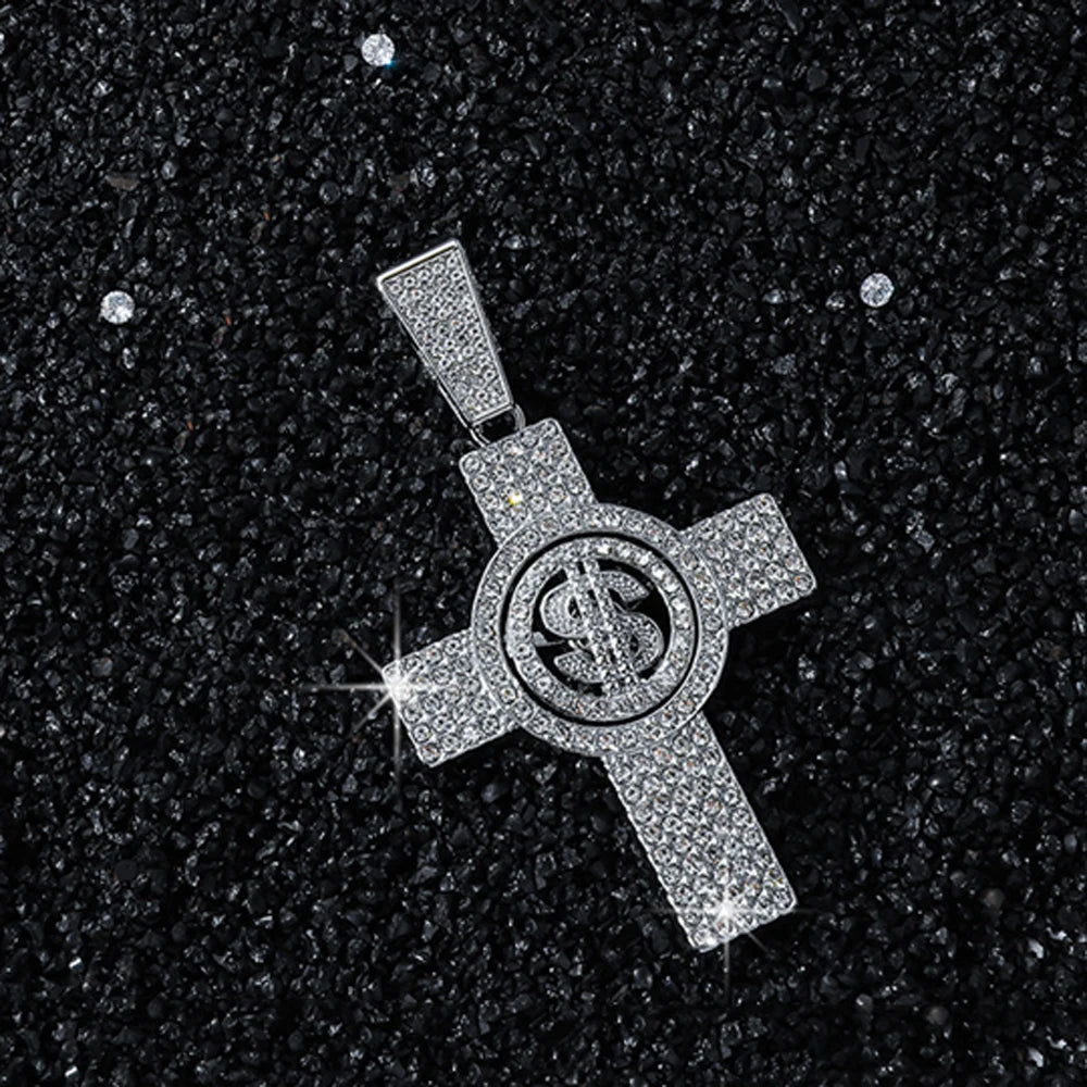 Men Hip Hop Cross Pendant Necklace with 13mm Miami Cuban Chain Rotatable US Dollar Money Sign Pendants Necklaces Fashion Jewelry