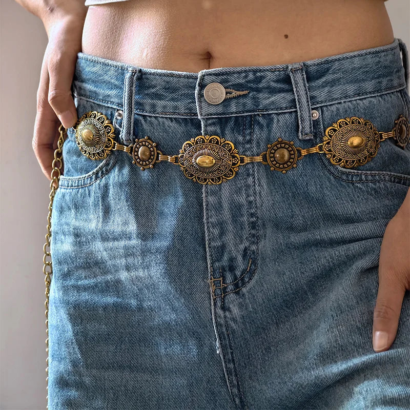 High Quality Metal Women's Waist Chain Gold Durable Retro Western Cowboy Adjustable Carved Chain Belt Jeans Metal Waistband