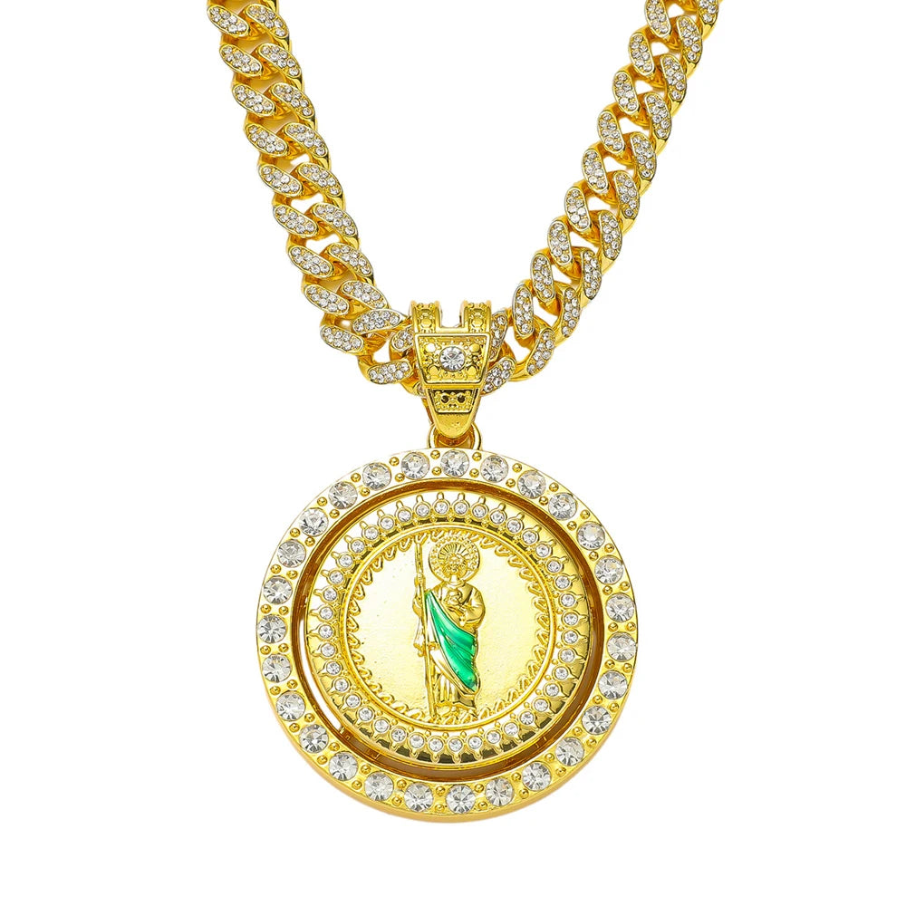 Men's Hip Hop Rotatable St. Jude San Judas Pendant Necklace with Cuban Chain Religious rotation Saint Jude Idol Pendants Jewelry