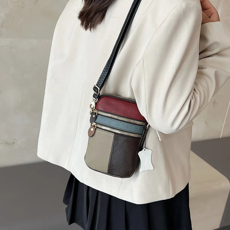 Fashion Soft Leather Women Shoulder Bag Multi Zipper Soft Mobile Phone Bag