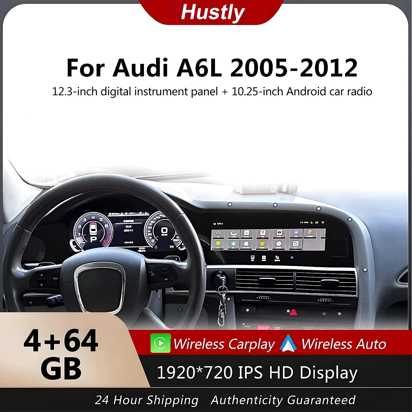 For Audi A6 A6L C6 4F (2005-2012 ) digital instrument panel, speedometer, Android radio, wireless CarPlay, GPS navigation 4+64GB