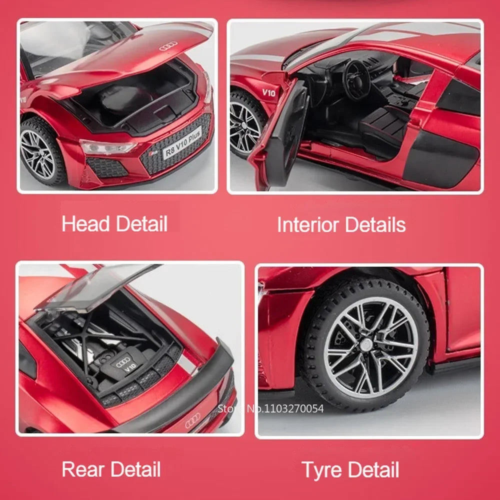 1:32 R8 V10 PLUS E-TRON Car Model Toys Alloy Diecast Vehicles Rubber Tires with Sound Light Pull Back Toy Birthday Gifts for Kid