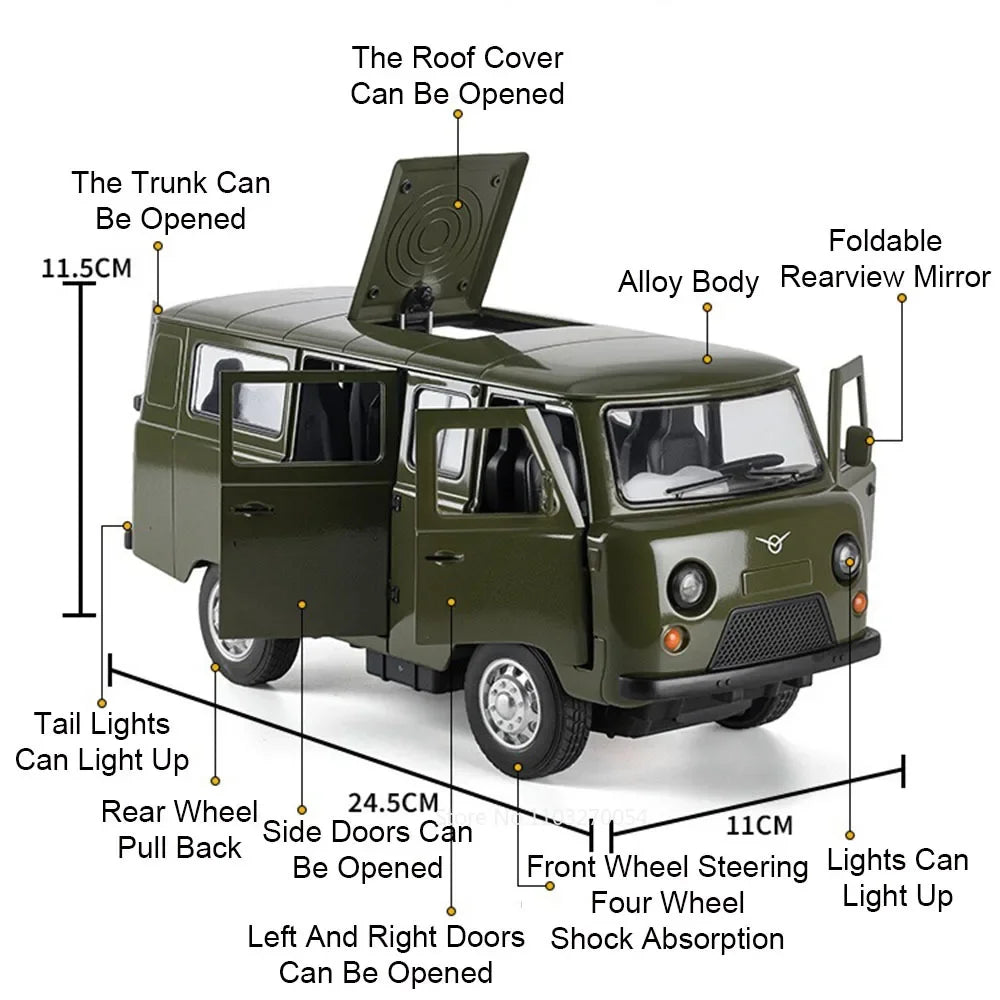 1:18 Russia Alloy UAZ Traveler Hunter Diecast Model Toys Car Spund Light Pull Back 6 Doors Opened Vehices Boy Kids Gift Ornament