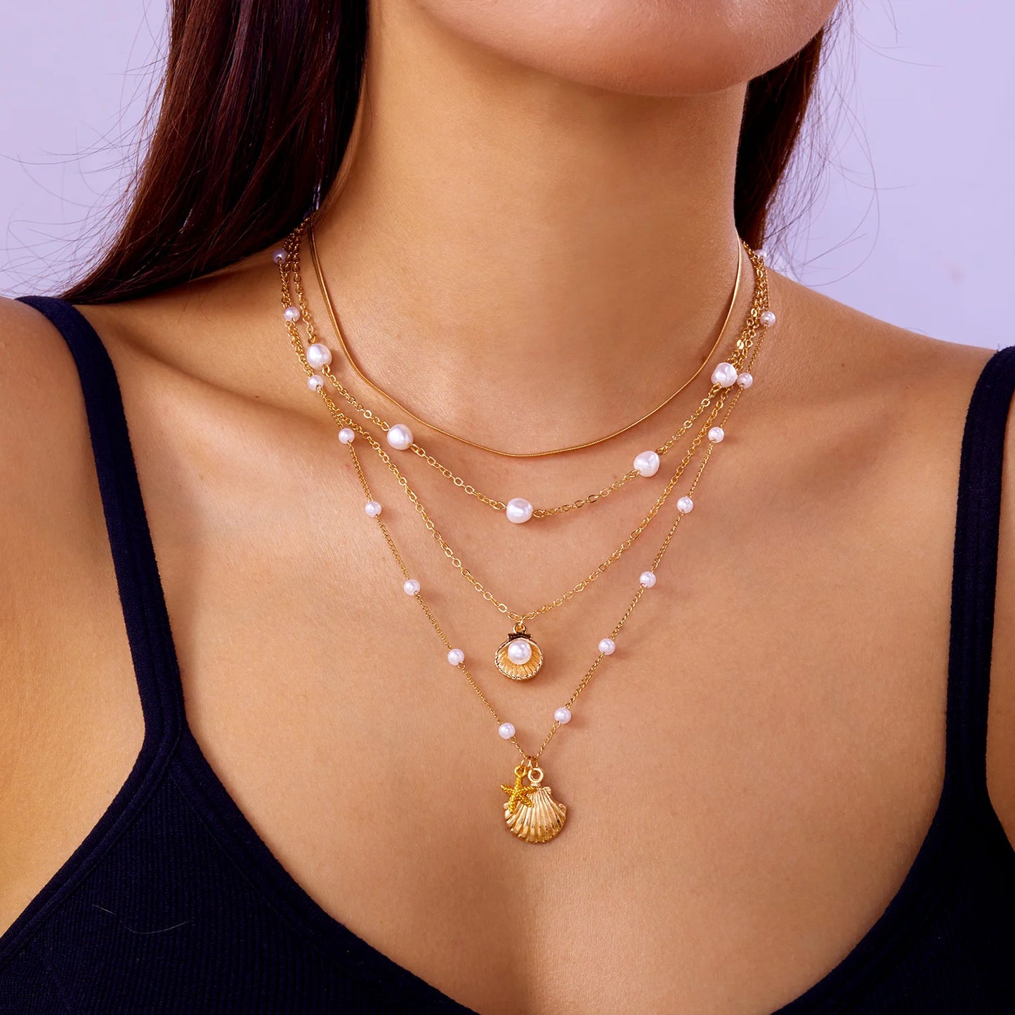 Vintage Imitation Pearl Shell Starfish Pendant Necklace for Women Fashion Multilayer Clavicle Chain Necklace Party Jewelry Gift