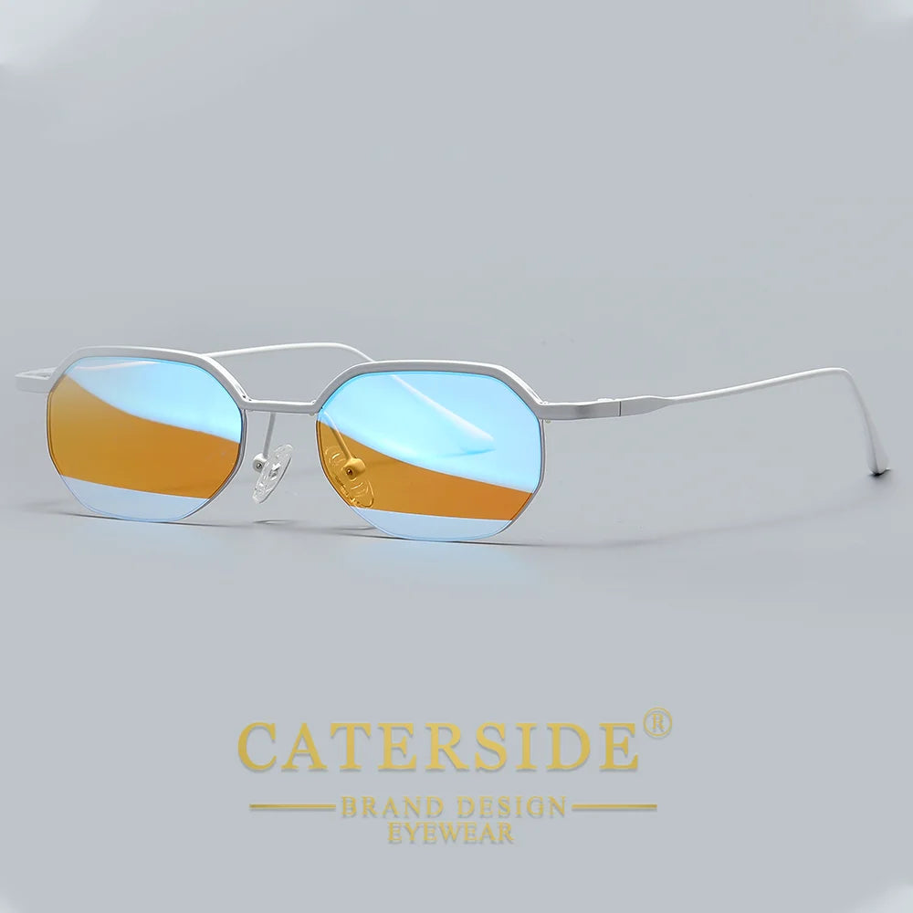CATERSIDE Retro Polygon Sunglasses Men Metal Semi Rimless Sun Glasses Uv400 Women Outdoor Protection Driving Decorative Eyewear