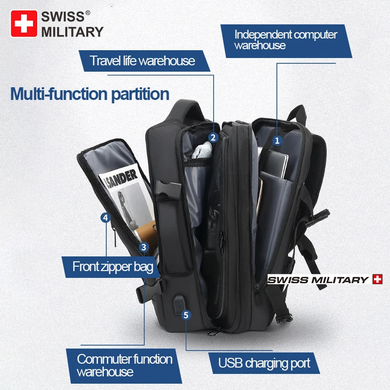 SWISS MILITARY Laptop Backpack Men 15.6 Inch Multi Pocket Expandable Backpack Waterproof USB School Backpack Business Travel Bag