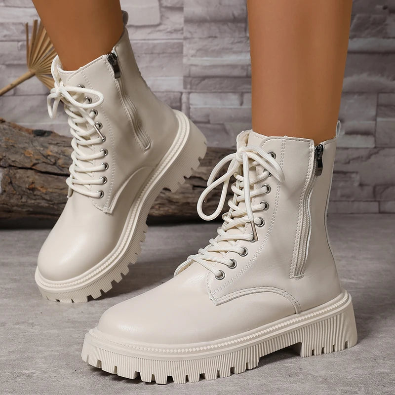 2025 Zippers Platform Ankle Boots for Women Autumn Winter Warm Thick Plush Short Booties Mujer Thick Sole Lace Up Boots Woman