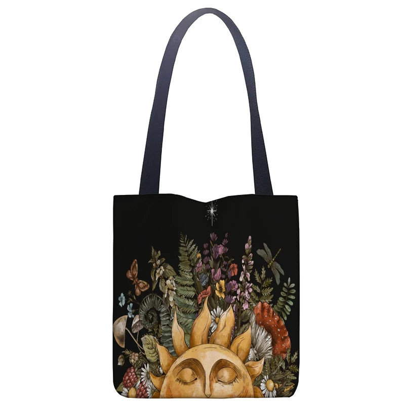 Art Forest Red Mushroom Pattern Tote Bag, Line Bag Bright Moon Women's Handbag