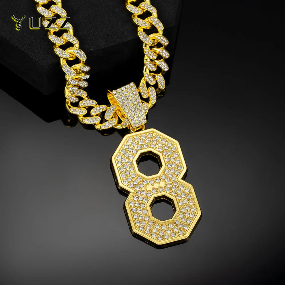 Men's Hip Hop Number 8 Pendant Necklace With 13mm Crystal Cuban Chain Luxury Lucky Number Necklaces for Men Jewelry Gift for Him