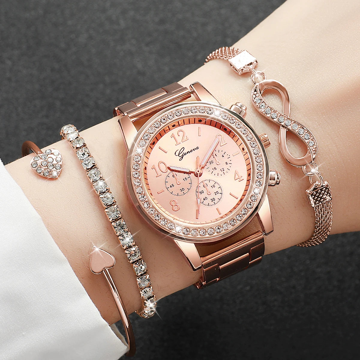 4PCS/Set  Women's Watches Luxury Steel Band Quartz Watch Bracelets Set w/o Box