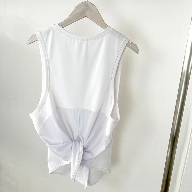 Women Open Back Tie Knot Yoga Tank Sleeveless Quick Dry Nylon Spandex Workout Crop Vest Gym Breathable Sport Fitness Top