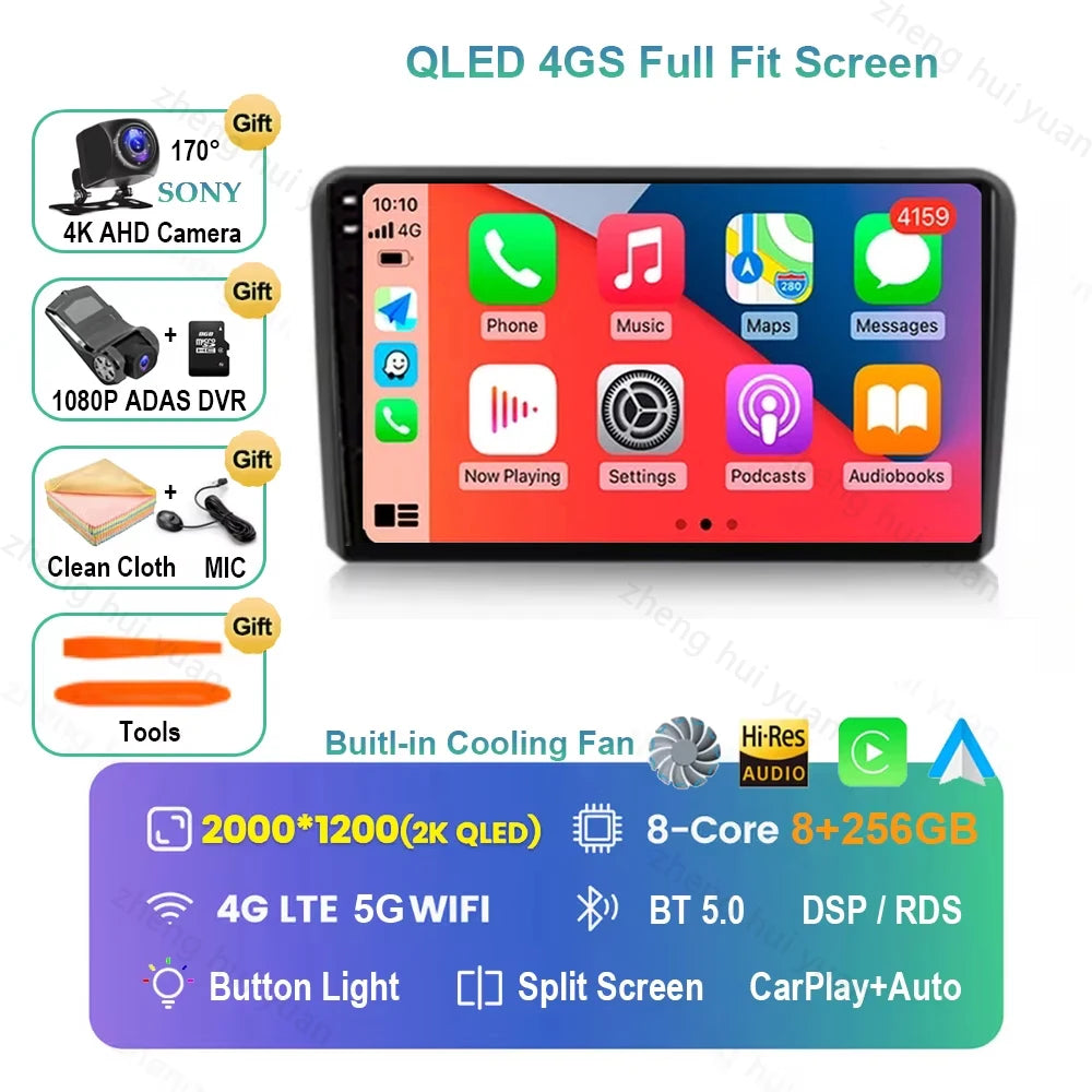 For Audi A3 8P 2003 2004 - 2013 Android 16 GPS WIFI 4G Carplay&Auto Car Radio Navigation QLED Multimedia Stereo Player BT