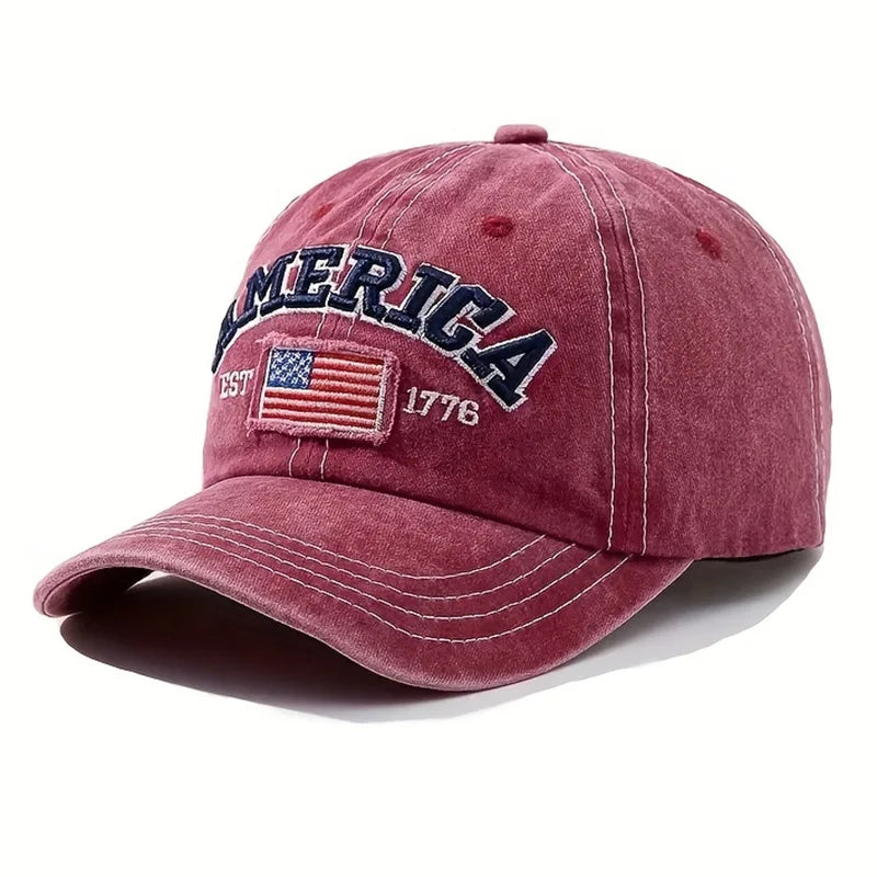 Vintage USA Flag Embroidered Baseball Cap - Bold Letter Distressed Wash Sun Hats