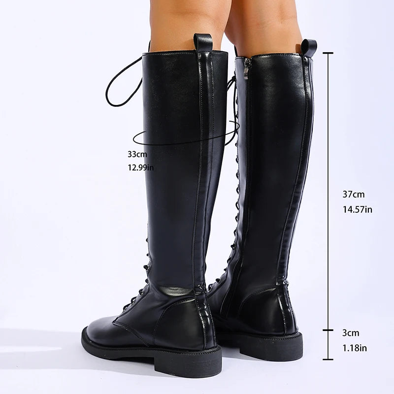 Plus Size 43 Cross Lace Up Knee High Boots Women 2026 Autumn Low Heel Punk Motorcycle Boots Woman Pu Leather Long Botas Mujer