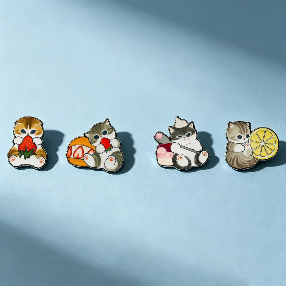 4 pcs Cat Fruit Enamel Pins  Lemon  Brooch Badge Cartoon Animal Jewelry Gift for Children Friends