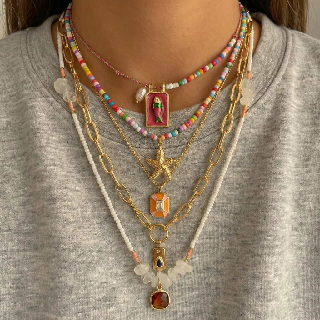 Vacation Mix Match 5Pcs Layered Necklace Set For Women Starfish Enamel Fish Beaded Adjustable Beachwear Jewelry