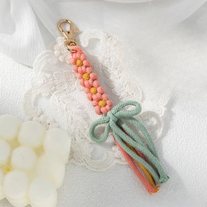1pc Handmade Yarn Keychain with Tassels - Floral Design, Lobster Clasp, Vibrant Colors, Perfect for Bags Keys and Unique Gifts