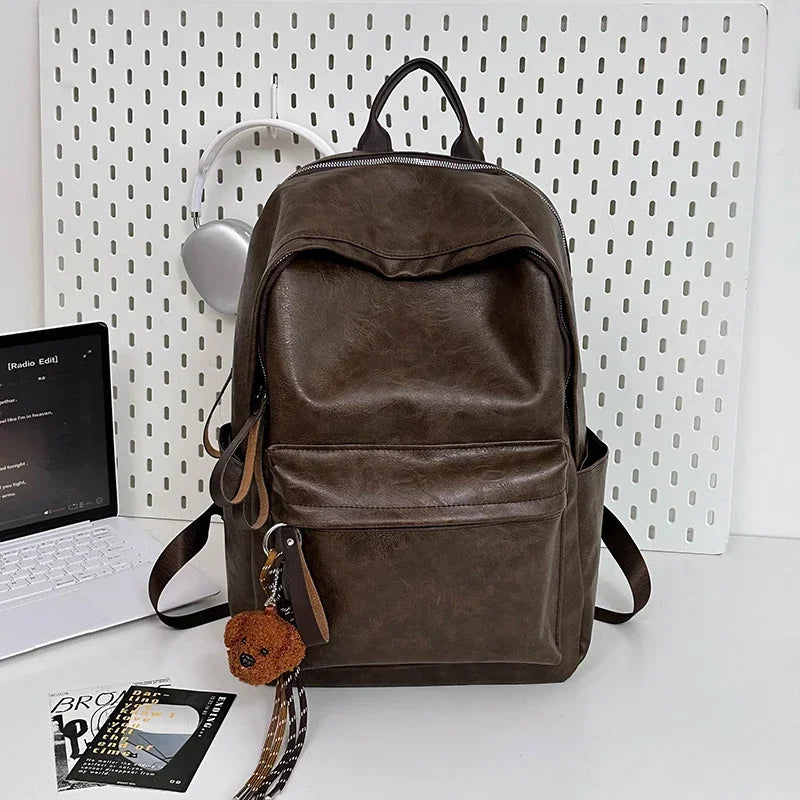 Old Style Laidback Backpack PU Leather Men Bag Laptop Travel Solid Work Bag