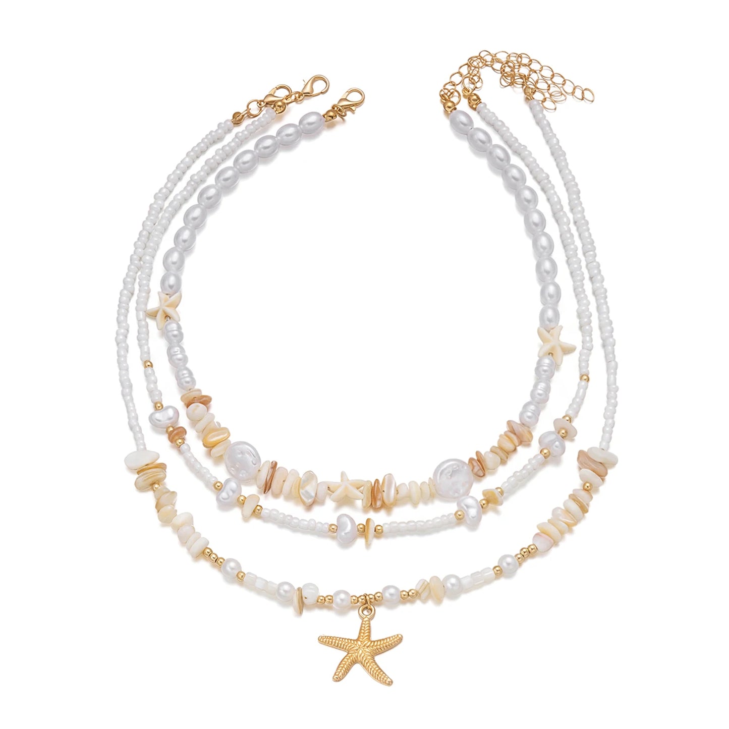 3Pcs/Set Vacation Starfish Faux Pearl Stone Necklace Summer Beach Ocean Theme Boho Choker Jewelry For Women
