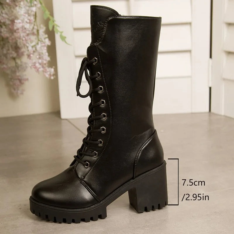 Fashion Lace Up Thick Heels Mid Calf Boots Women Plus Size 43 Black Pu Leather Long Boots Woman Autumn Winter High Heeled Botas