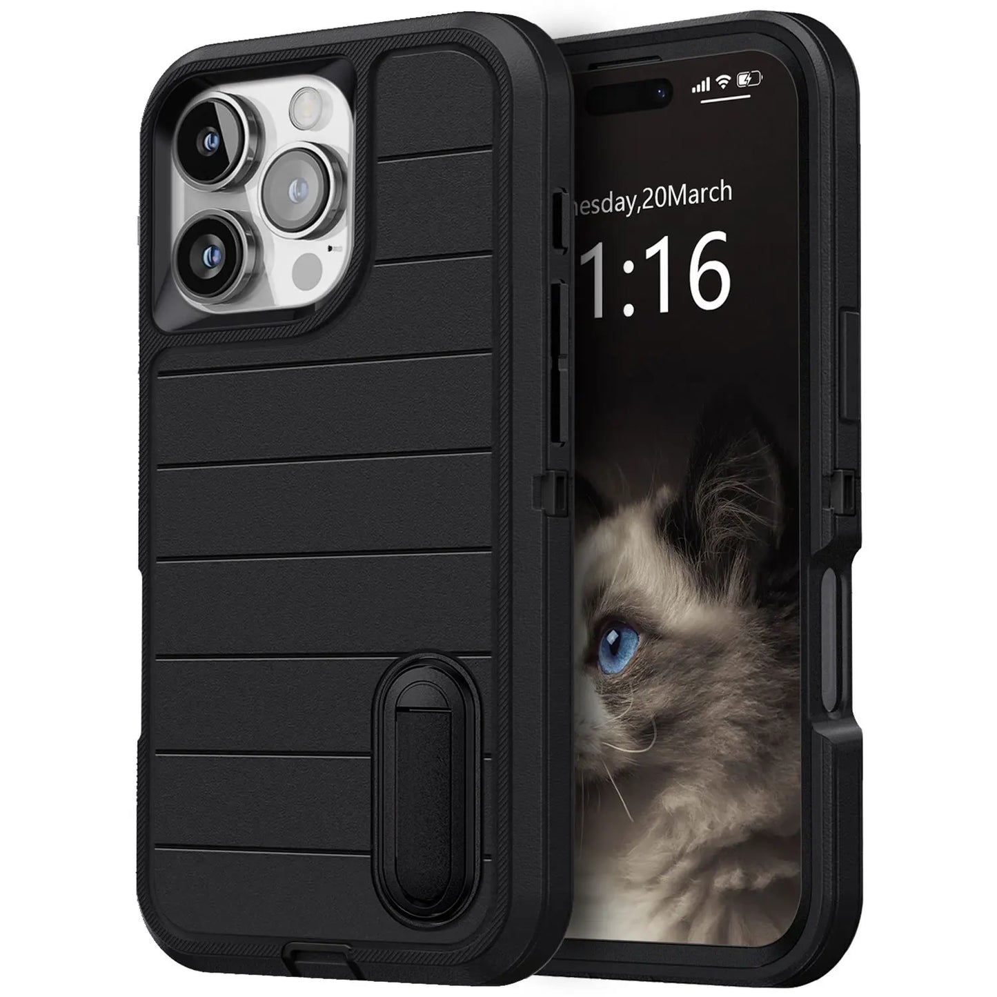 iPhone 16/16 Plus/16 Pro/16 Pro Max Case 3-Layer Heavy Duty Kickstand Cover