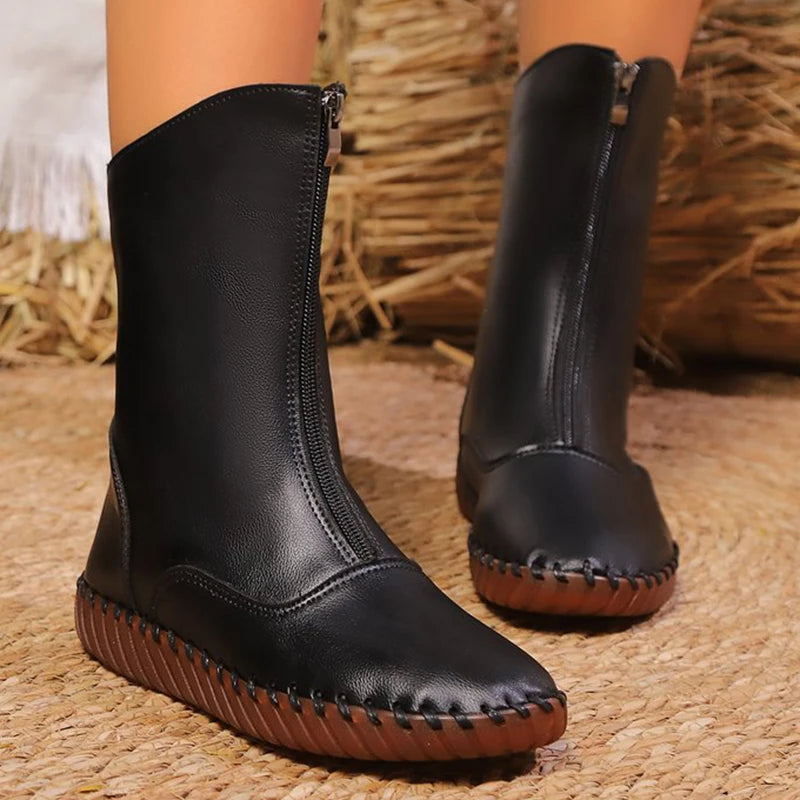 Vintage Pu Leather Mid-Calf Boots Women Winter Thick Warm Short Plush Boots Woman Zipper Flat Heel Beige Black Botas Mujer